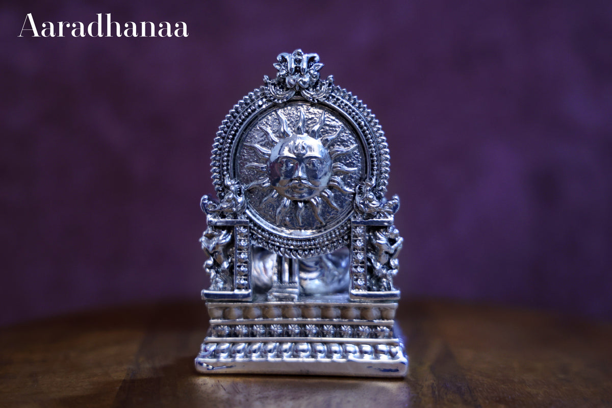 Silver Finish Goddess Saraswati Idol with Surya Arch for Home Temple & Office Décor