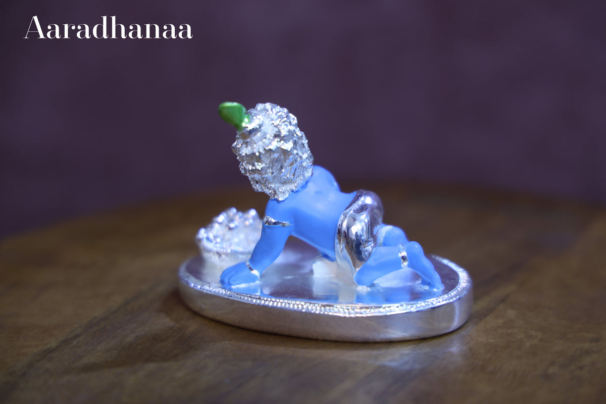 Laddu Gopal Bal Krishna Idol with Silver Finish Decorative Base | Baby Krishna Murti for Home Temple, Pooja & Spiritual Gift
