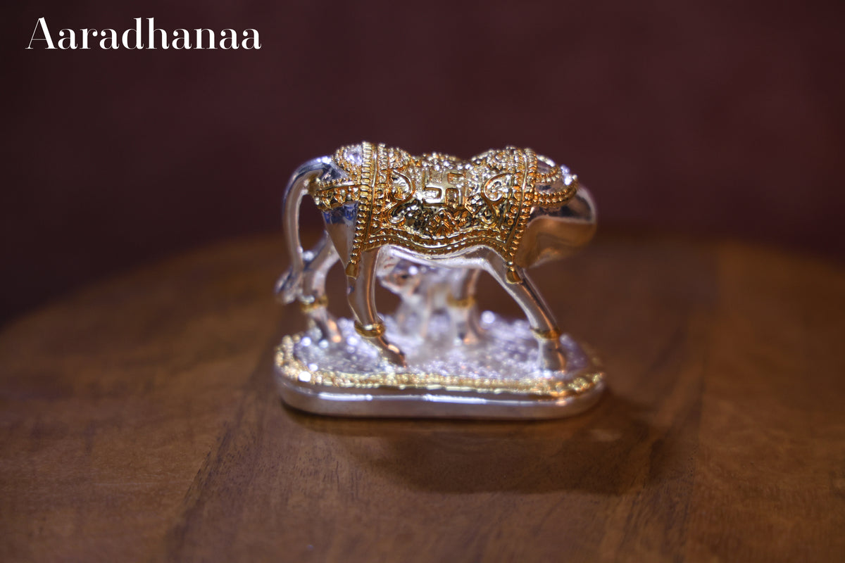 Kamdhenu Cow with Calf Idol - Gold & Silver Plated