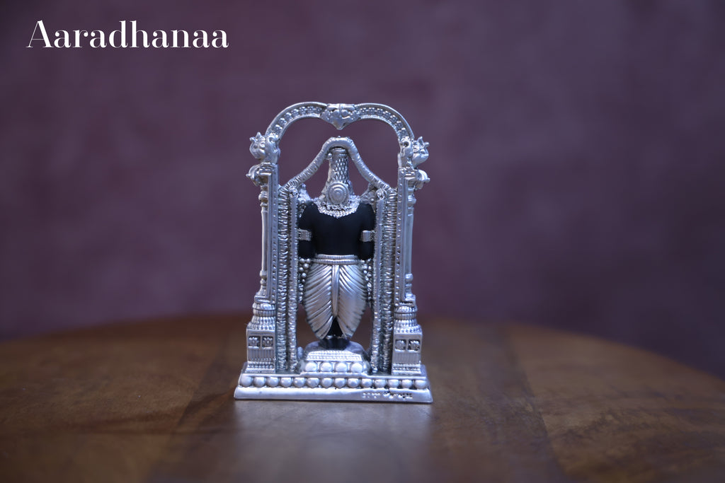 Lord Venkateswara Balaji Idol with Decorative Arch | Silver Finish Tirupati Balaji Murti for Home Temple, Pooja & Spiritual Gift