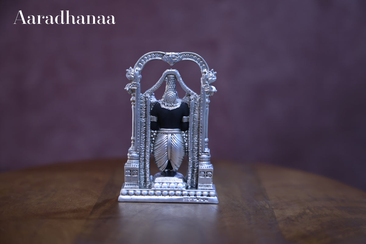 Lord Venkateswara Balaji Idol with Decorative Arch | Silver Finish Tirupati Balaji Murti for Home Temple, Pooja & Spiritual Gift