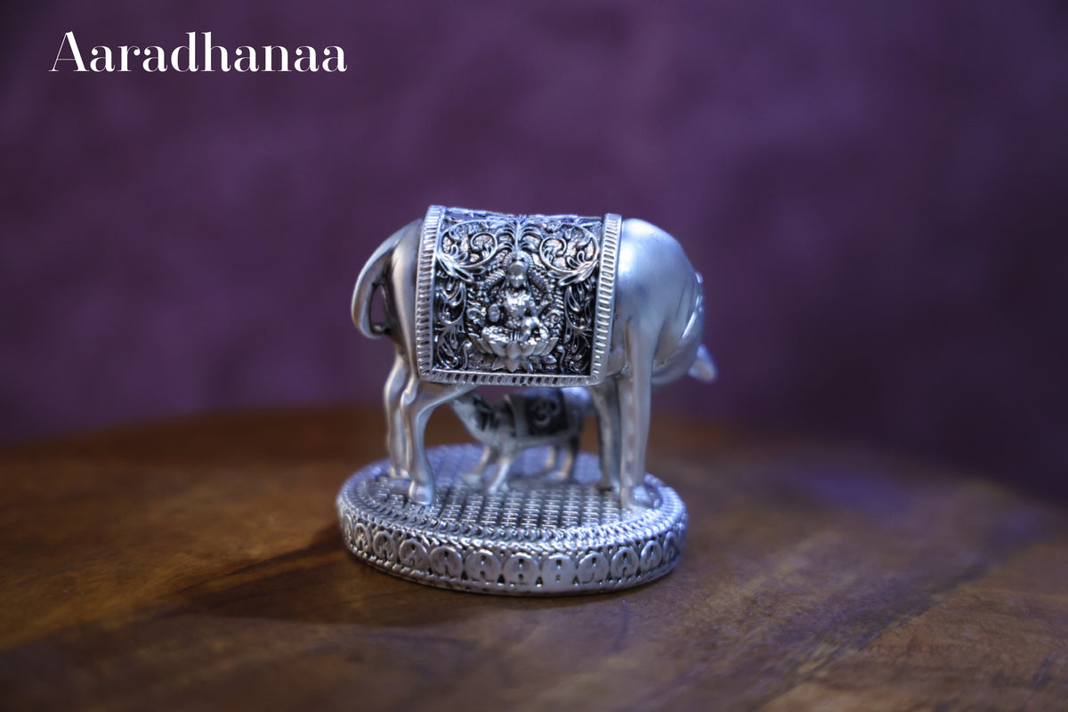 Silver Finish Kamdhenu Cow & Calf Idol with Goddess Lakshmi for Home Temple & Vastu Décor