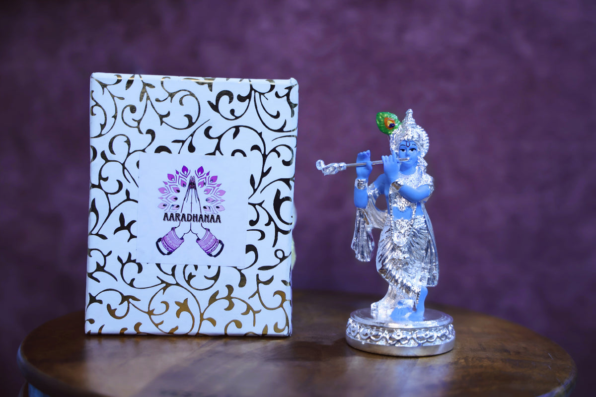 Krishna Ji Idol Playing Flute - Silver Plated