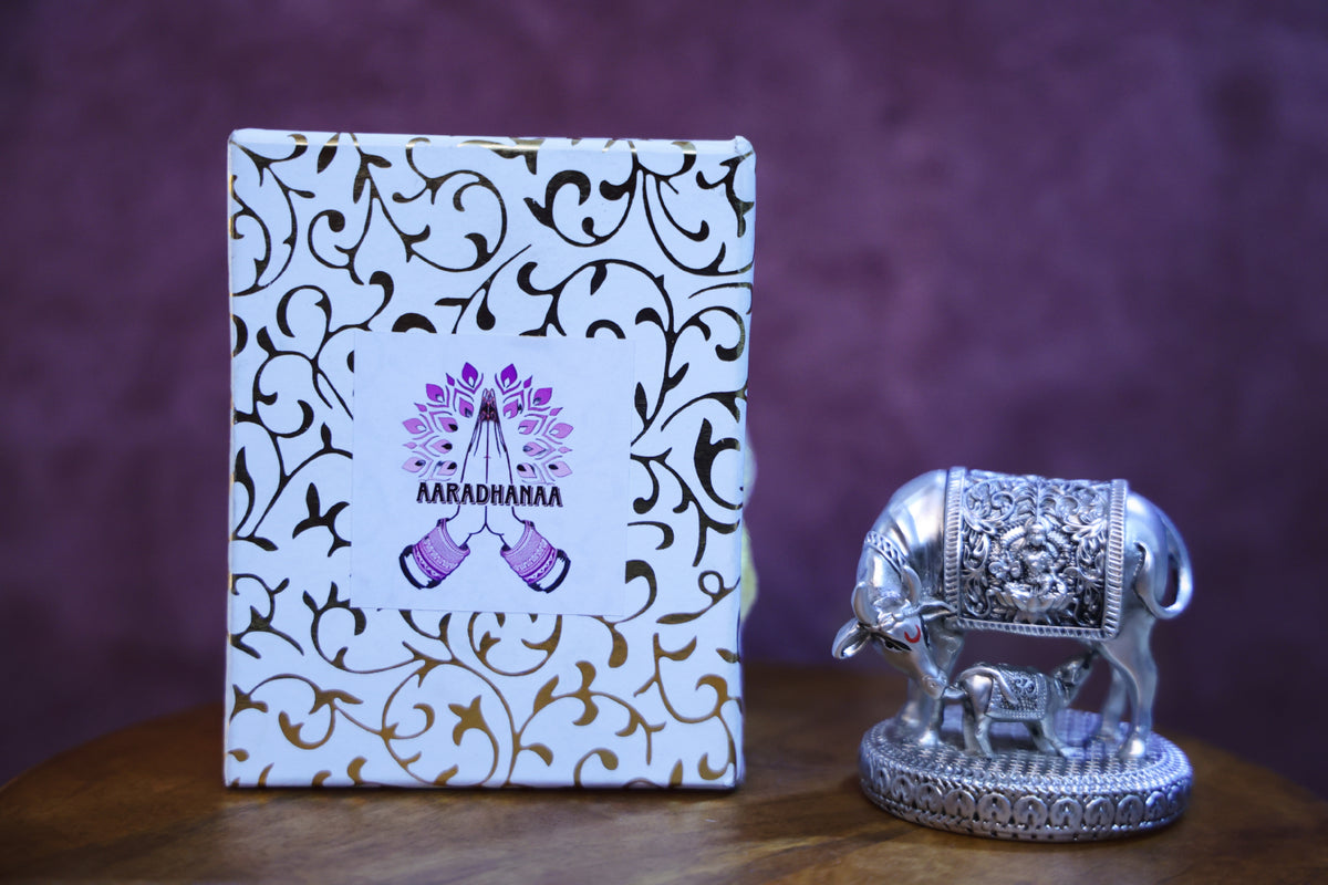 Silver Finish Kamdhenu Cow & Calf Idol with Goddess Lakshmi for Home Temple & Vastu Décor