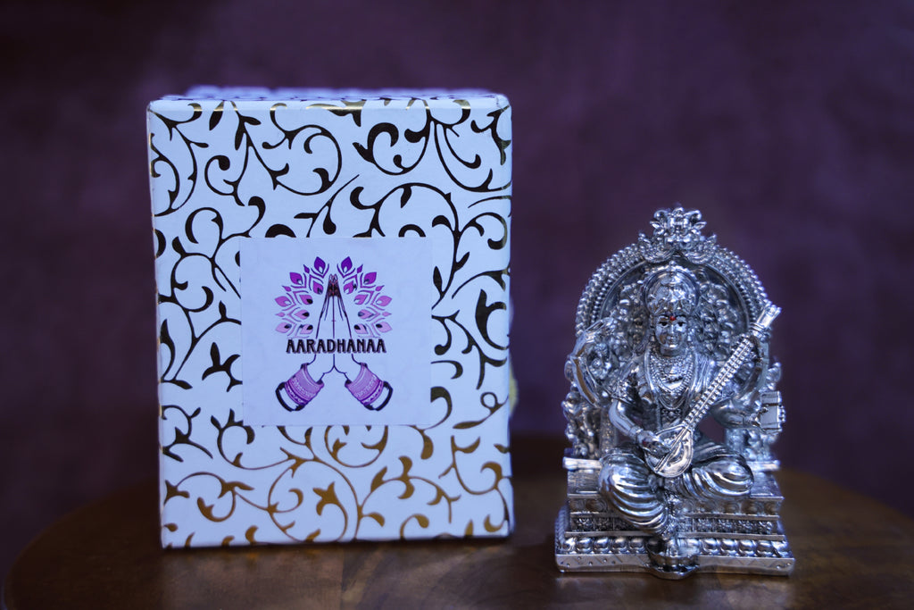 Goddess Saraswati Idol Virajman On Sinhasan - Silver Plated