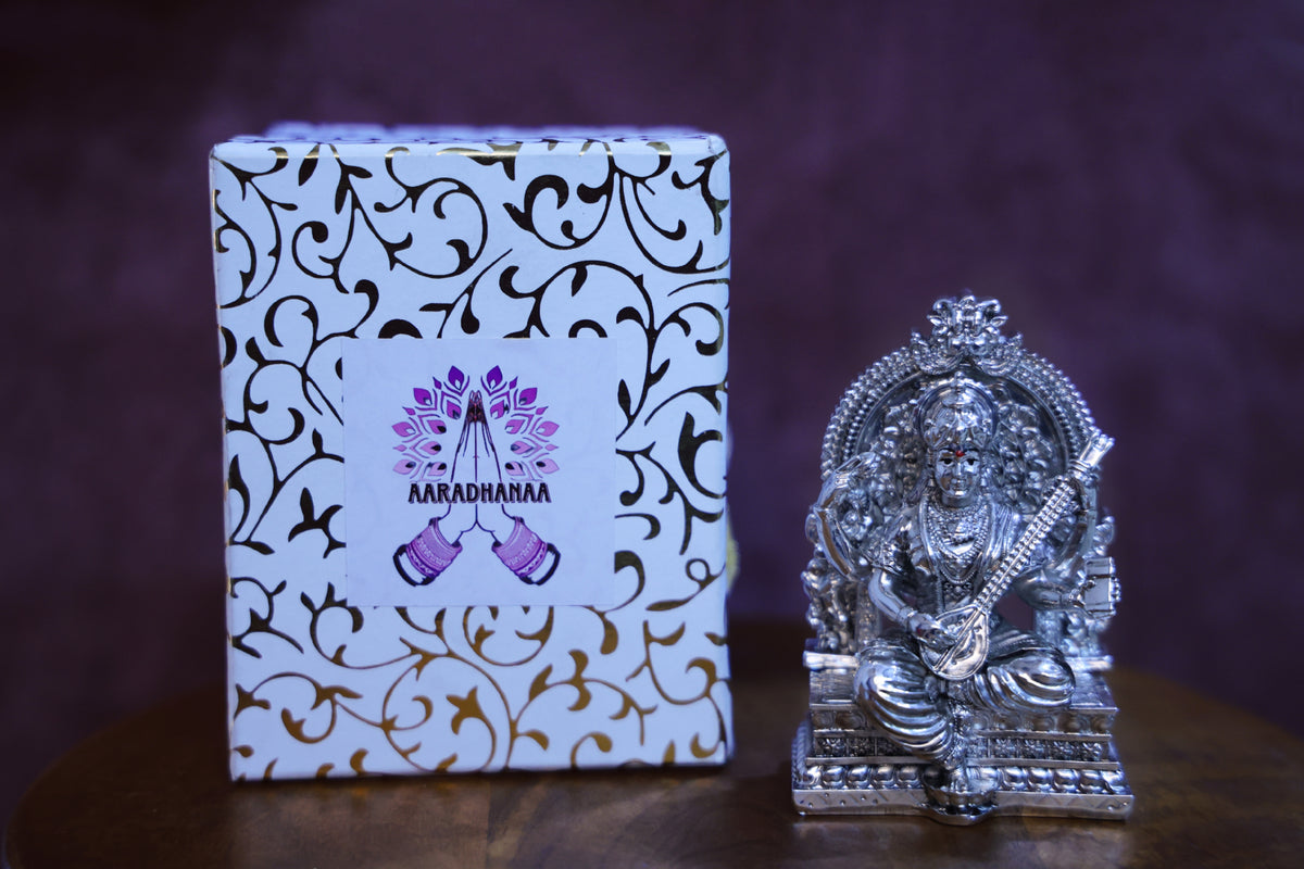 Goddess Saraswati Idol Virajman On Sinhasan - Silver Plated