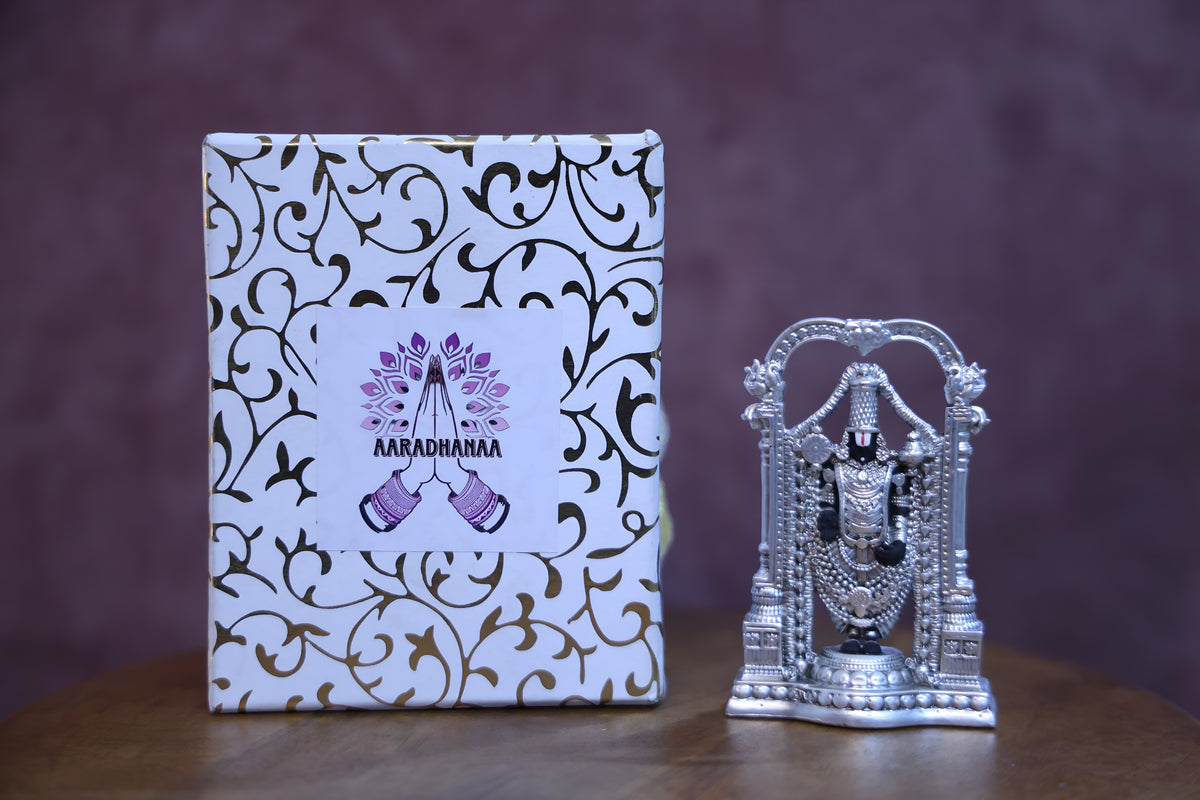 Lord Venkateswara Balaji Idol with Decorative Arch | Silver Finish Tirupati Balaji Murti for Home Temple, Pooja & Spiritual Gift