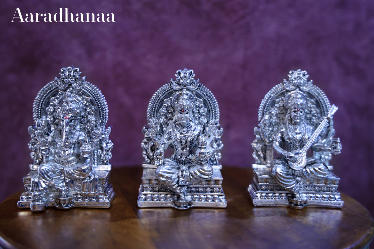 Ganesh Lakshmi Saraswati Idols Virajman On Sinhasan Set