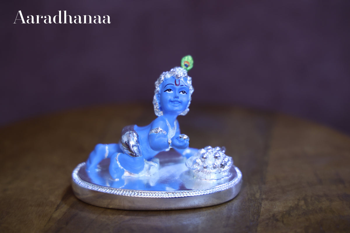 Laddu Gopal Bal Krishna Idol with Silver Finish Decorative Base | Baby Krishna Murti for Home Temple, Pooja & Spiritual Gift