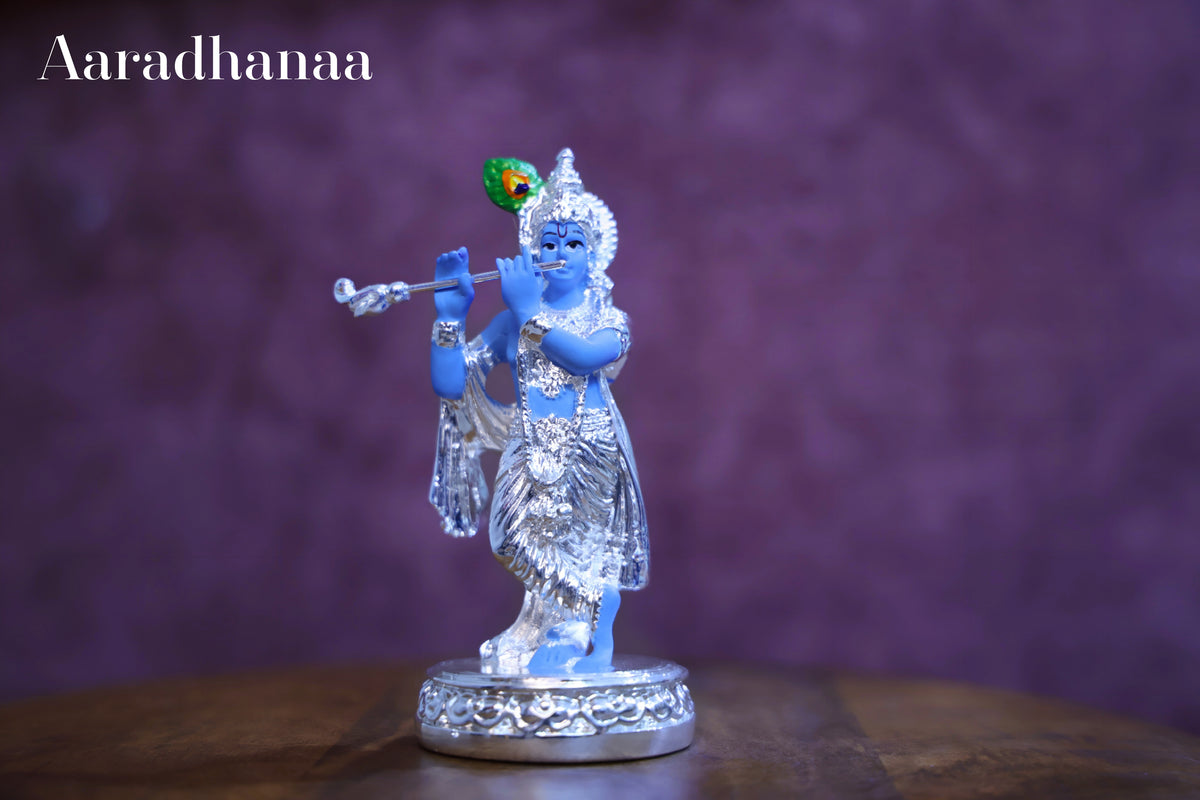 Krishna Ji Idol Playing Flute - Silver Plated