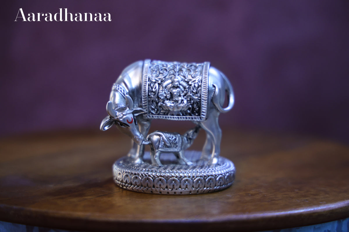 Silver Finish Kamdhenu Cow & Calf Idol with Goddess Lakshmi for Home Temple & Vastu Décor