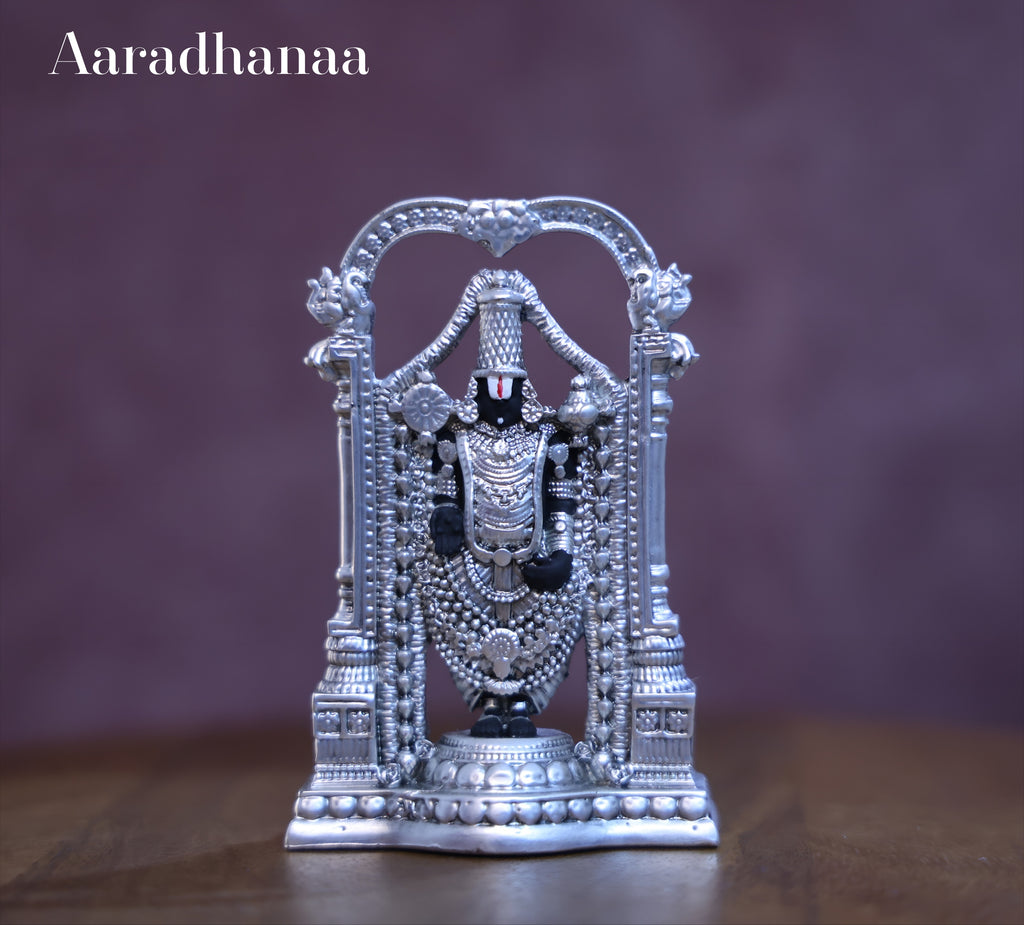 Lord Venkateswara Balaji Idol with Decorative Arch | Silver Finish Tirupati Balaji Murti for Home Temple, Pooja & Spiritual Gift