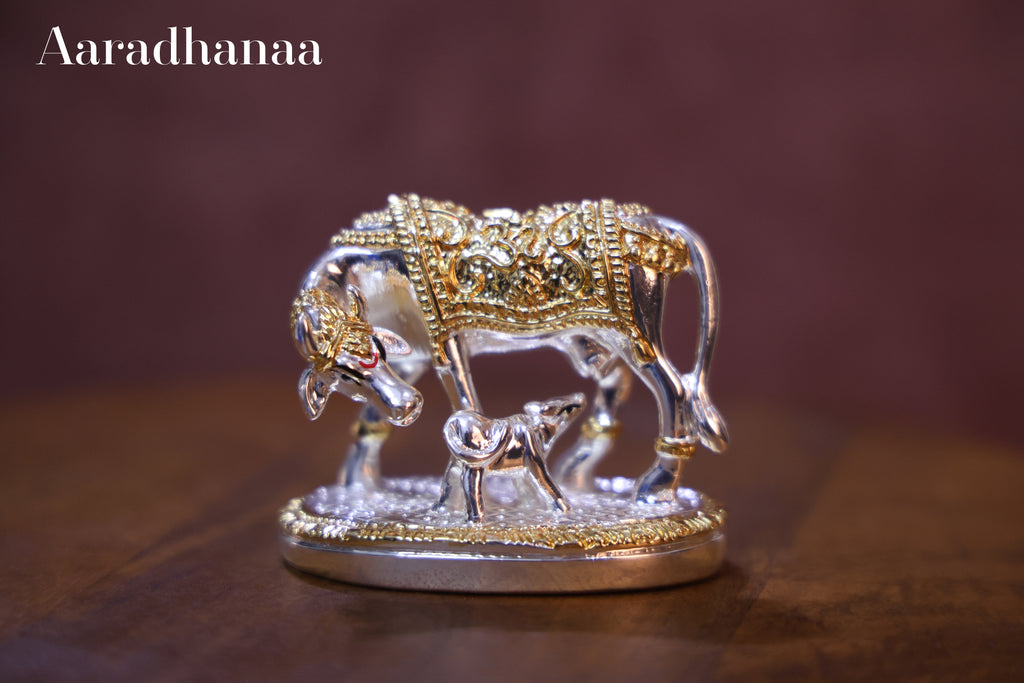Kamdhenu Cow with Calf Idol - Gold & Silver Plated
