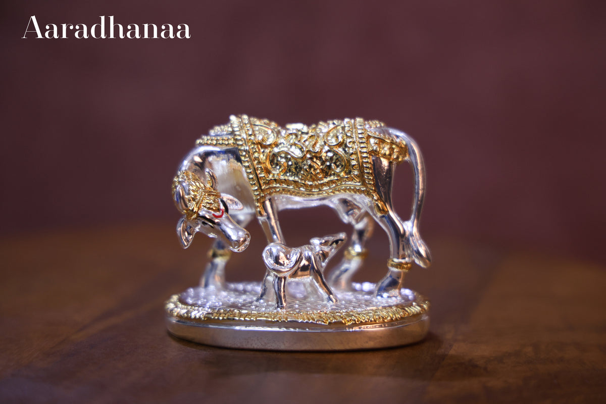 Kamdhenu Cow with Calf Idol - Gold & Silver Plated