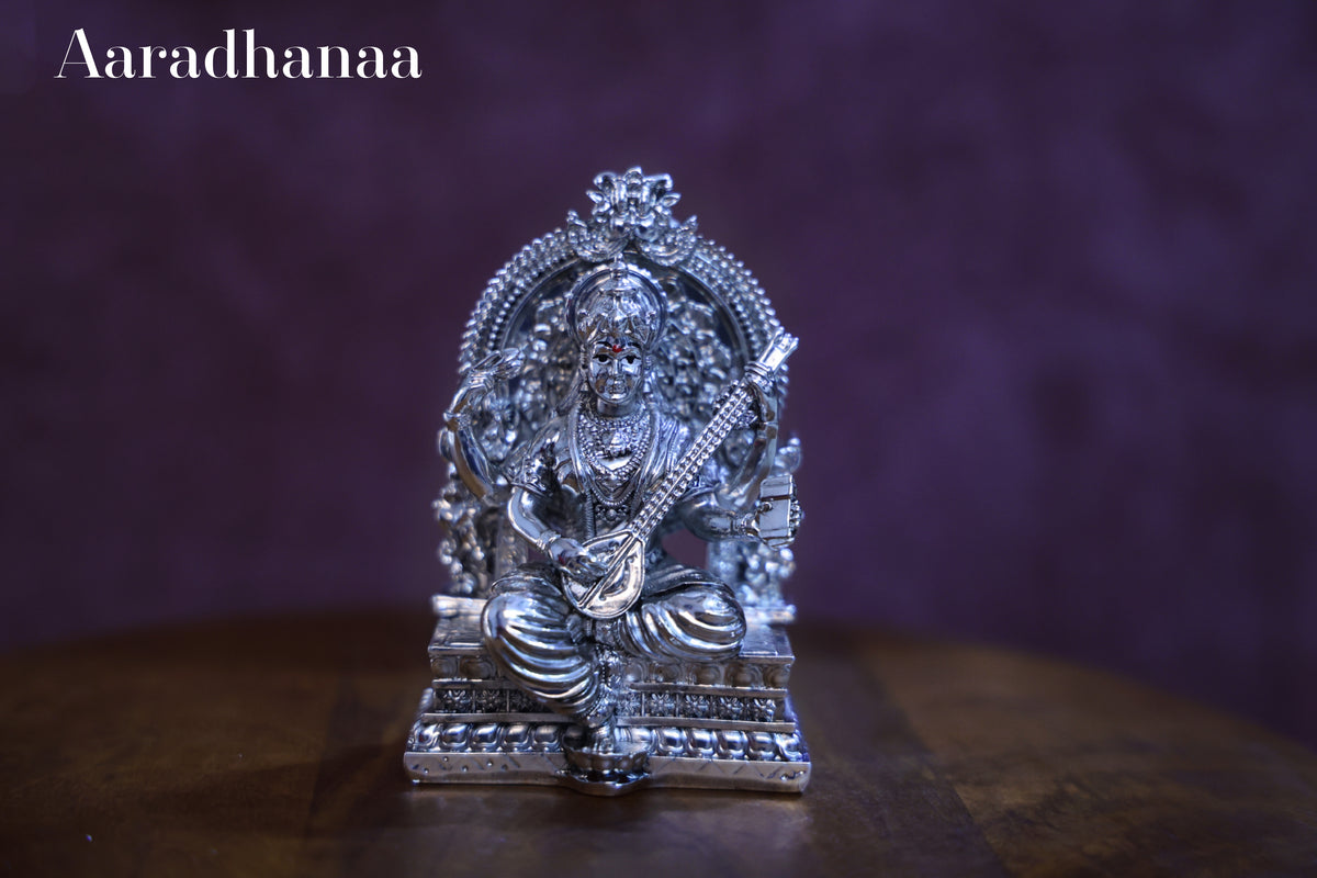 Goddess Saraswati Idol Virajman On Sinhasan - Silver Plated