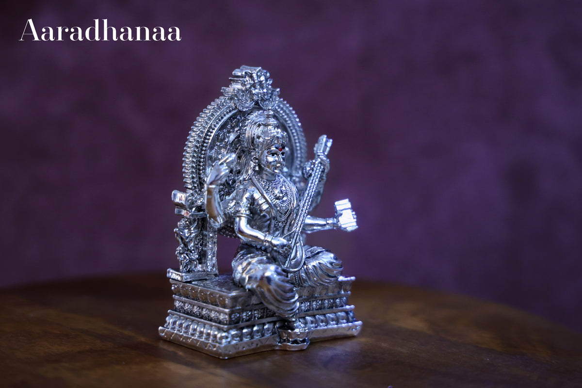 Goddess Saraswati Idol Virajman On Sinhasan - Silver Plated