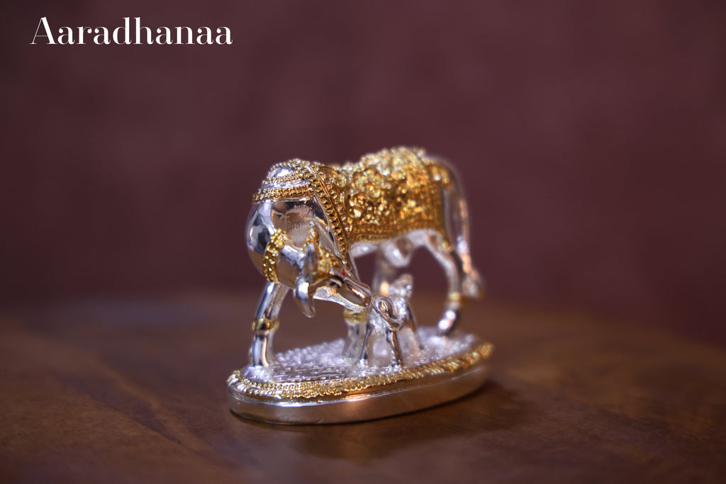 Kamdhenu Cow with Calf Idol - Gold & Silver Plated