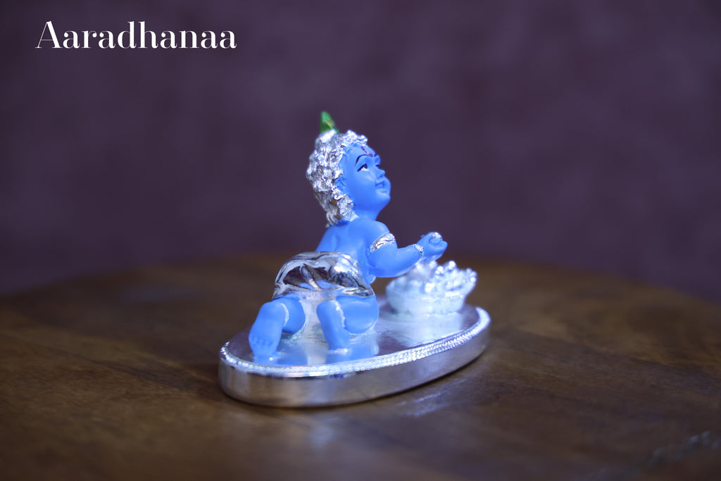 Laddu Gopal Bal Krishna Idol with Silver Finish Decorative Base | Baby Krishna Murti for Home Temple, Pooja & Spiritual Gift