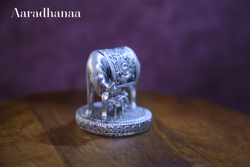 Silver Finish Kamdhenu Cow & Calf Idol with Goddess Lakshmi for Home Temple & Vastu Décor