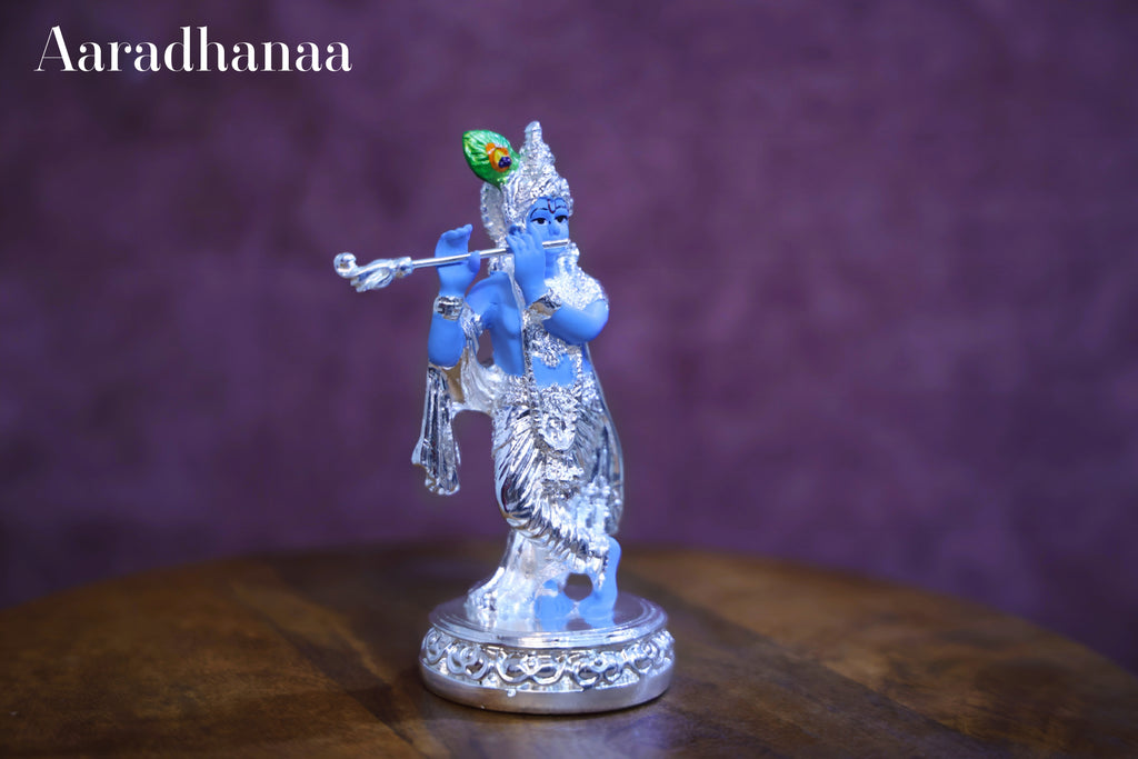 Krishna Ji Idol Playing Flute - Silver Plated