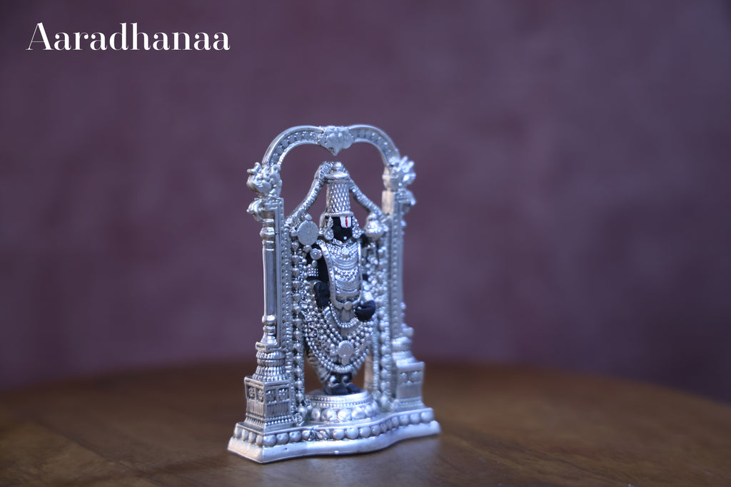 Lord Venkateswara Balaji Idol with Decorative Arch | Silver Finish Tirupati Balaji Murti for Home Temple, Pooja & Spiritual Gift