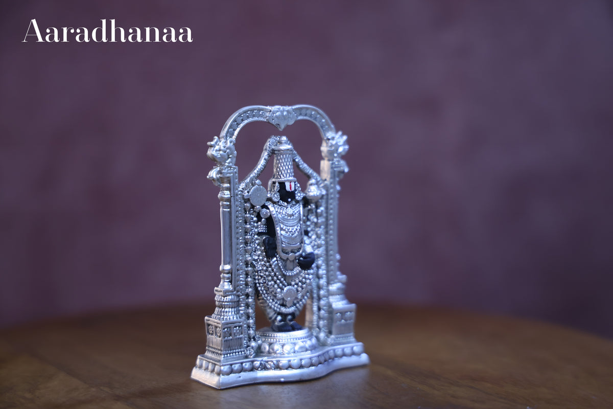 Lord Venkateswara Balaji Idol with Decorative Arch | Silver Finish Tirupati Balaji Murti for Home Temple, Pooja & Spiritual Gift