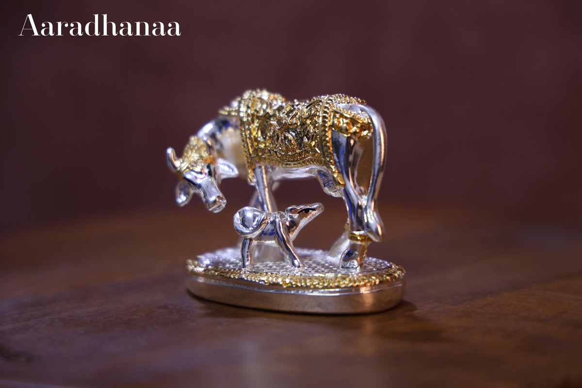 Kamdhenu Cow with Calf Idol - Gold & Silver Plated