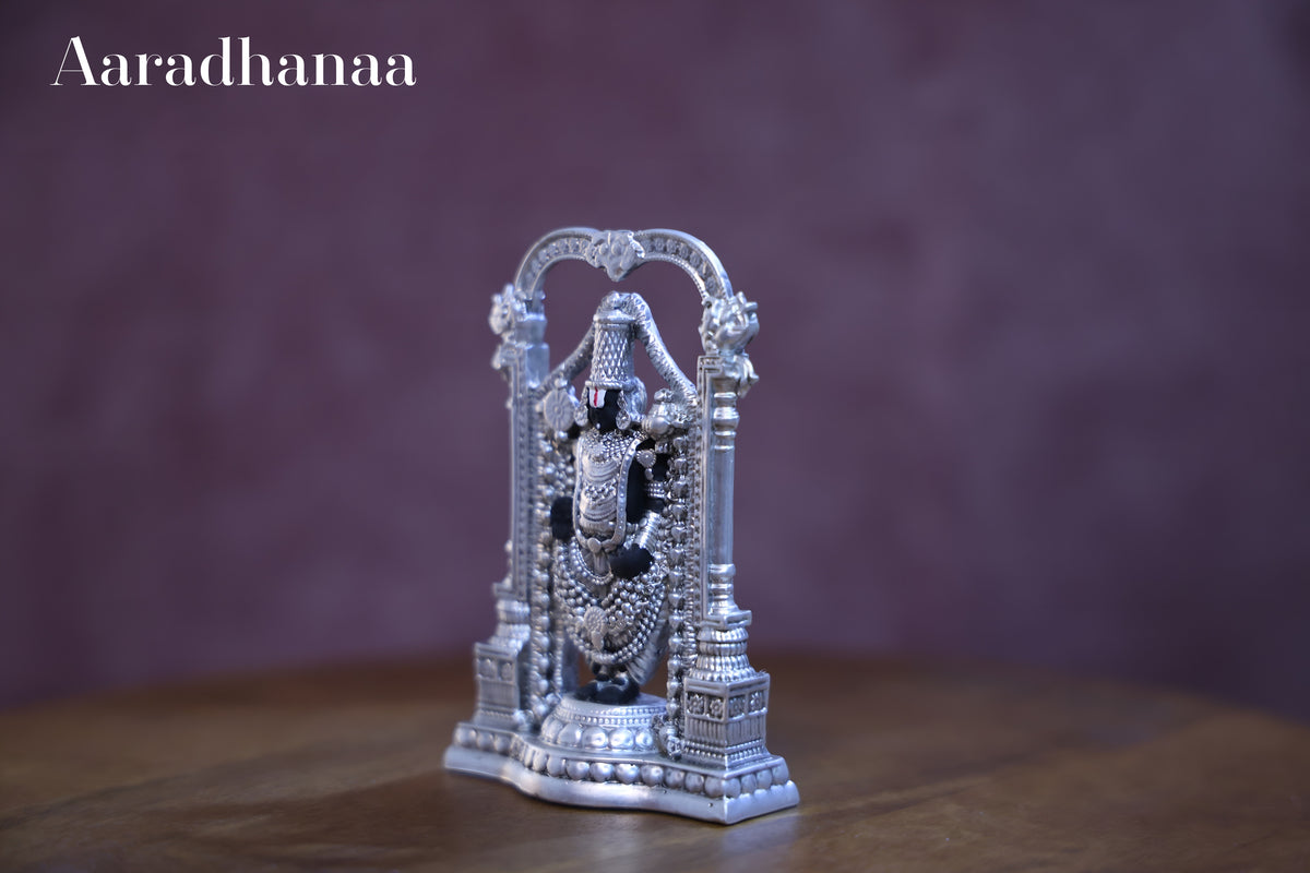 Lord Venkateswara Balaji Idol with Decorative Arch | Silver Finish Tirupati Balaji Murti for Home Temple, Pooja & Spiritual Gift