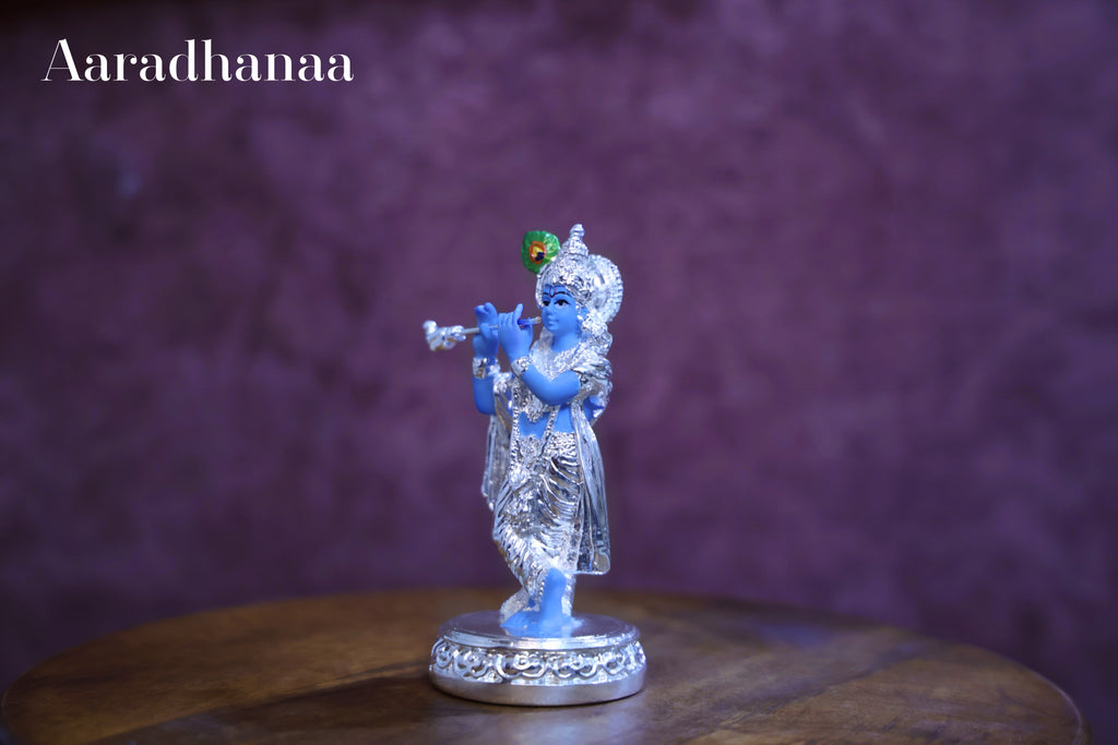Krishna Ji Idol Playing Flute - Silver Plated