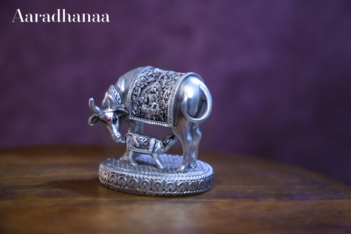Silver Finish Kamdhenu Cow & Calf Idol with Goddess Lakshmi for Home Temple & Vastu Décor
