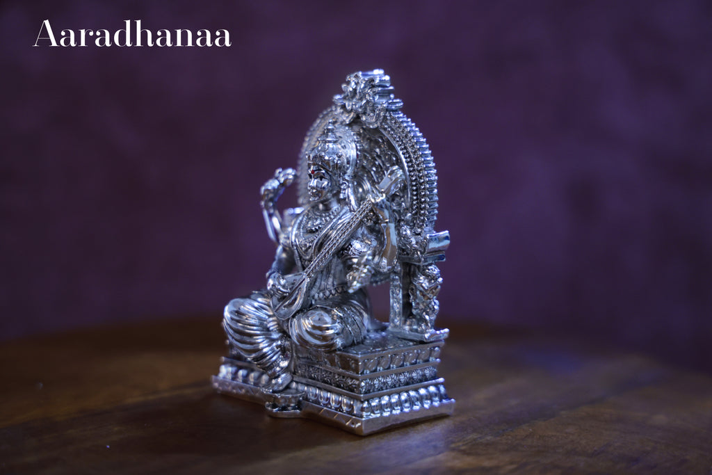Goddess Saraswati Idol Virajman On Sinhasan - Silver Plated