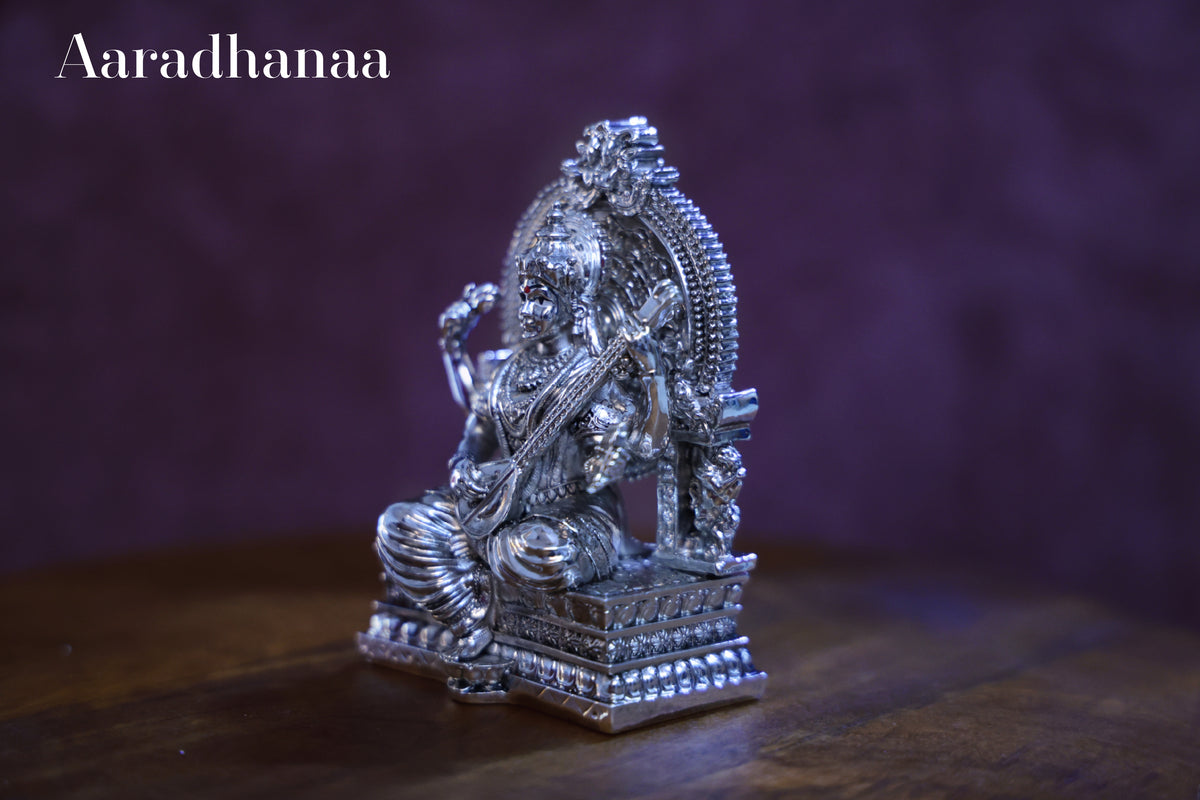 Goddess Saraswati Idol Virajman On Sinhasan - Silver Plated
